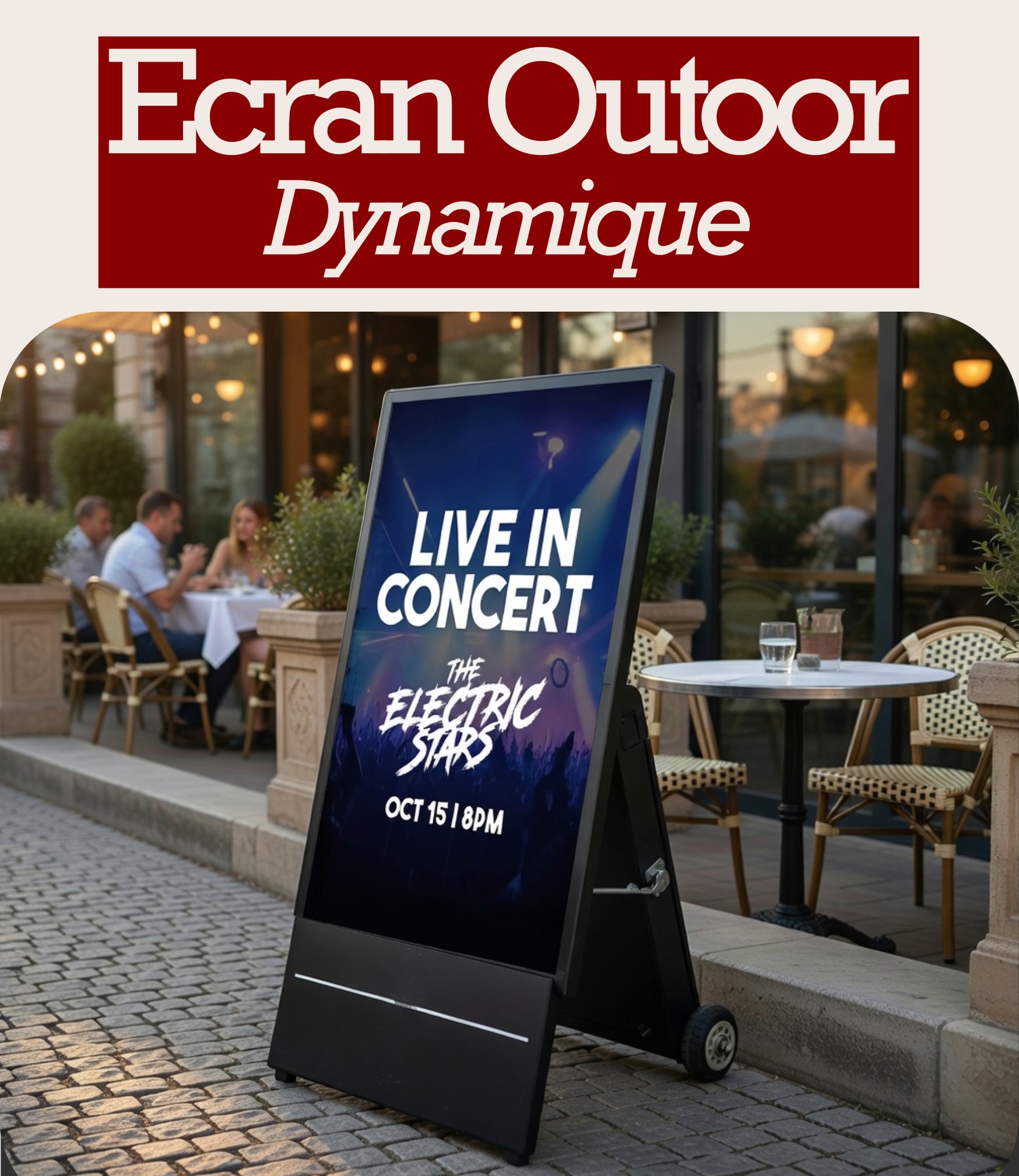Totem digital mobile outdoor devant restaurant terrasse Hérault